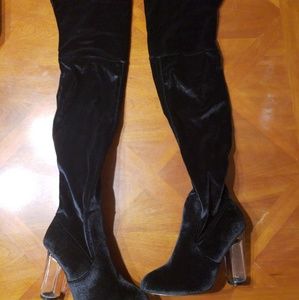 Black suede stretch Boots with clear Heeled size 9